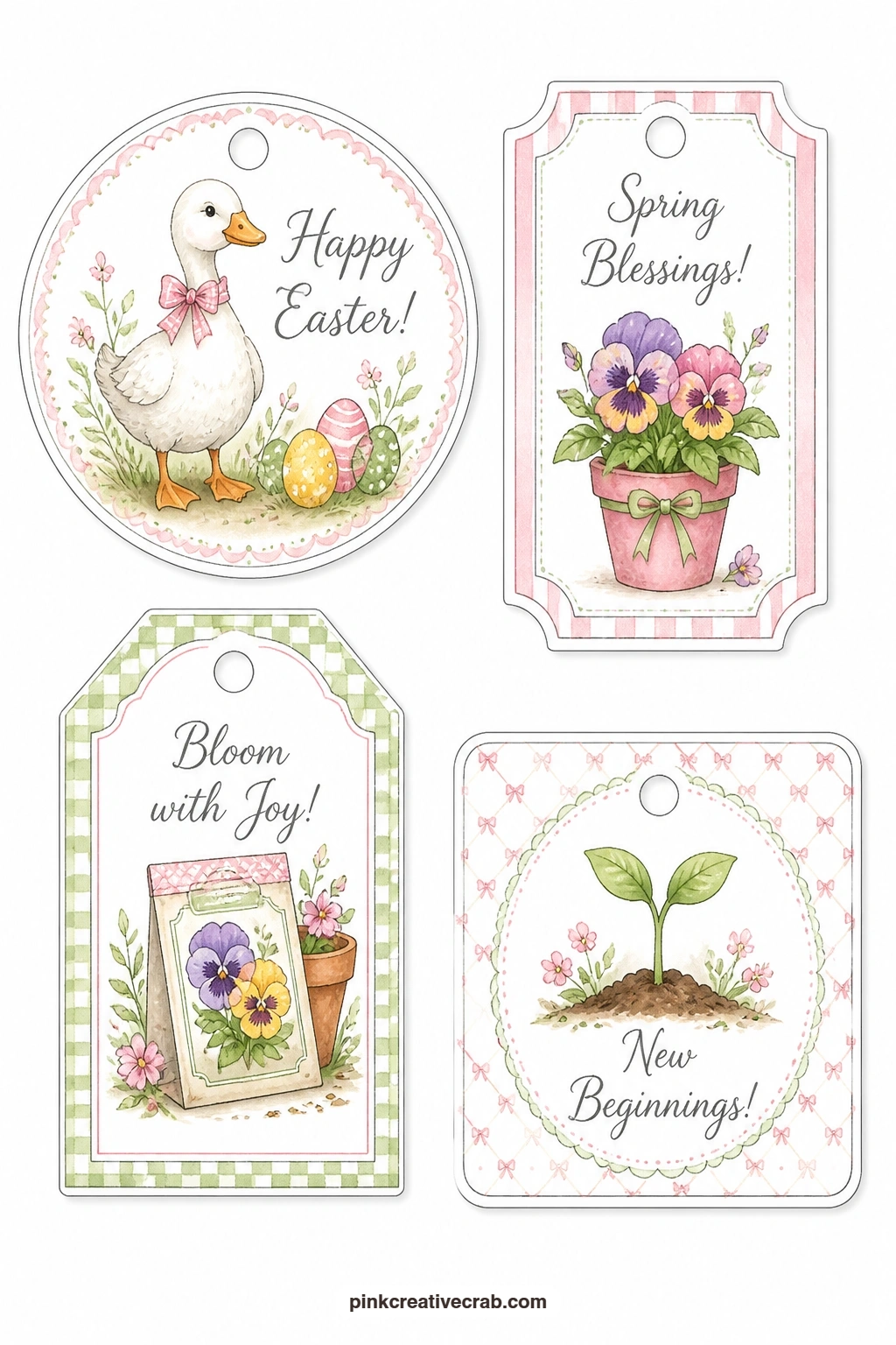 Little Goose and Seed Packet printable page — A little goose, a pansy pot on a ticket label, a seed packet and a green sprout suit anyone who gardens, and work