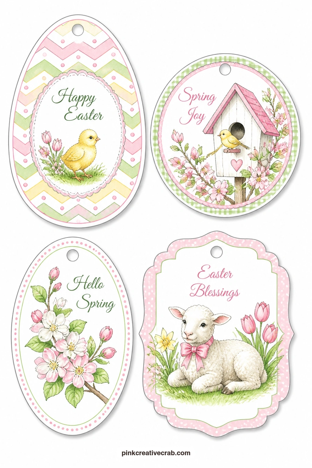 Zigzags and Birdhouse printable page — Zigzag stripes on an egg tag, a birdhouse and a sprig of apple blossom give you a lighter sheet to balance the faith