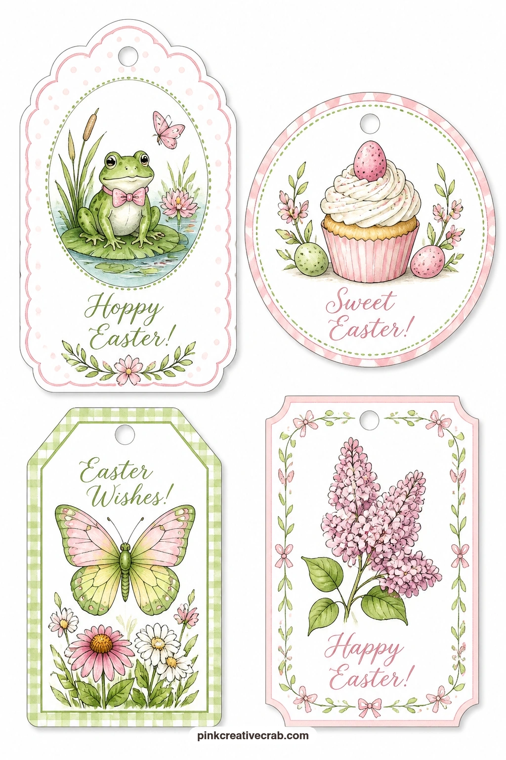 Frog and Butterfly Garden printable page — A frog on a lily pad, a cupcake topped with a mini egg, a butterfly and a sprig of lilac make a cheerful four tag