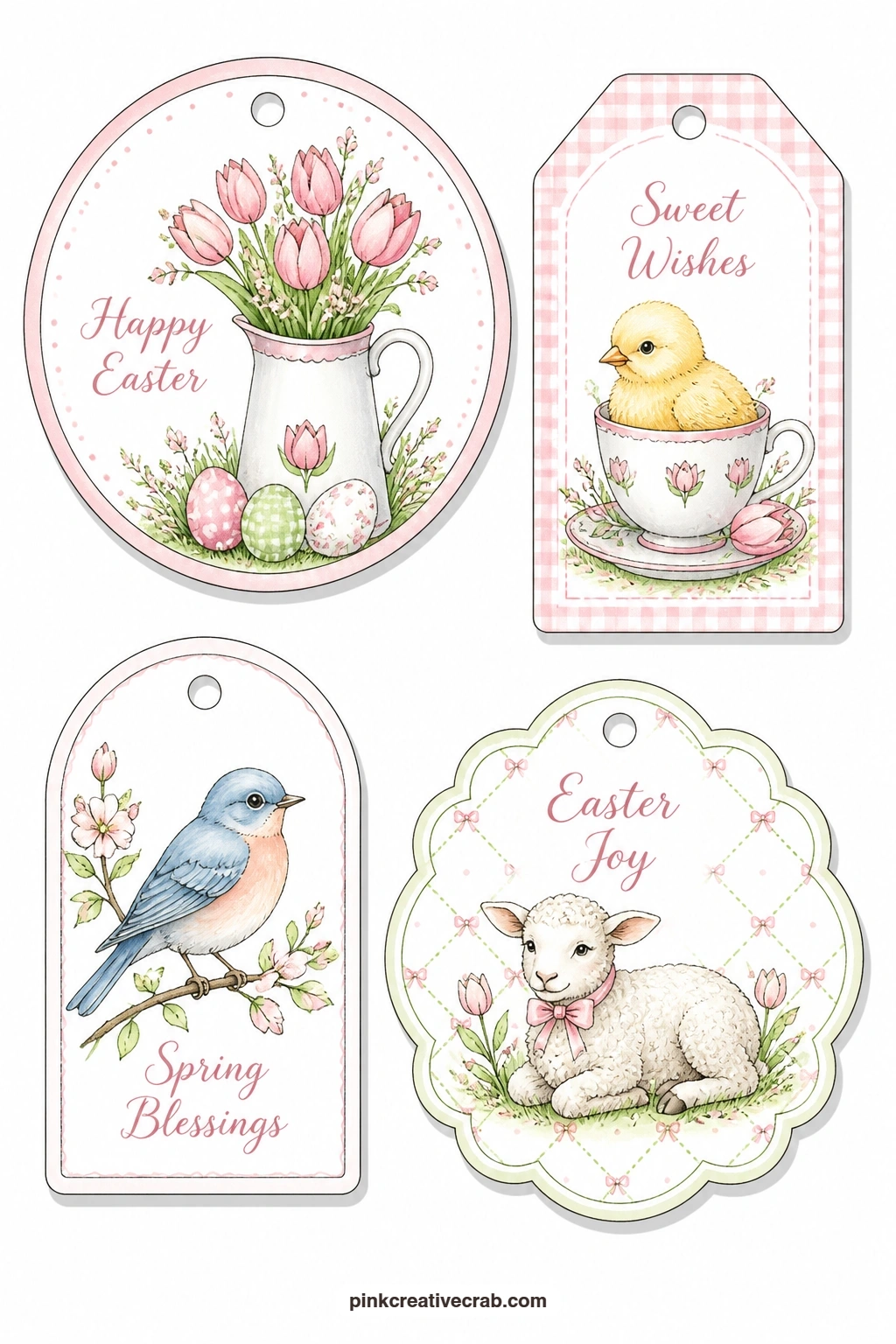 Tulip Jug and Bluebird printable page — Tulips in a jug, a chick peeking from a teacup and a bluebird on an arched tag close out this run of garden tags, light