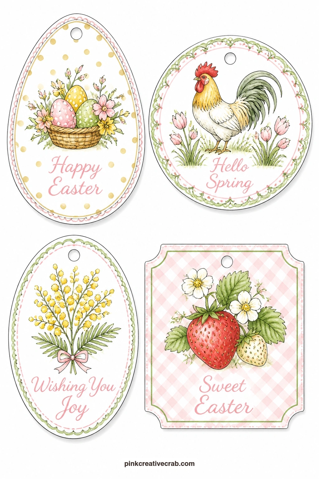Gold Dots and Rooster printable page — Gold dots on an egg tag, a rooster, a sprig of mimosa and a single strawberry make a brighter, warmer sheet, suited to a