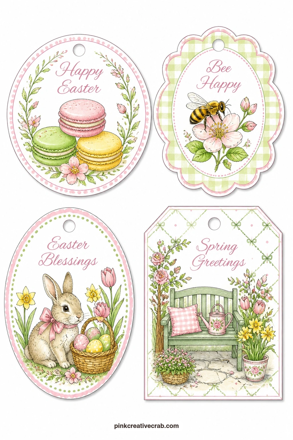 Macarons and Garden Bench printable page — Three pastel macarons, a bee on a blossom and a garden bench finish the sweet treats run, a good pairing with the