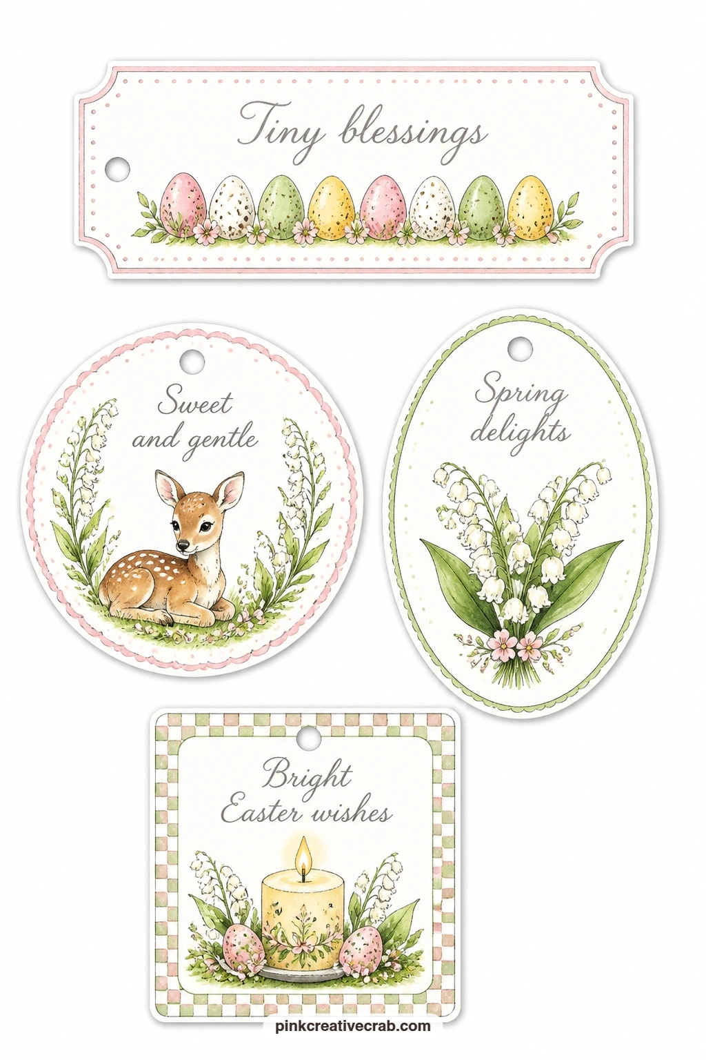 Tiny Eggs and Lily of the Valley printable page — A row of tiny eggs, a fawn, lily of the valley and a spring candle finish the whole set, four quieter tags