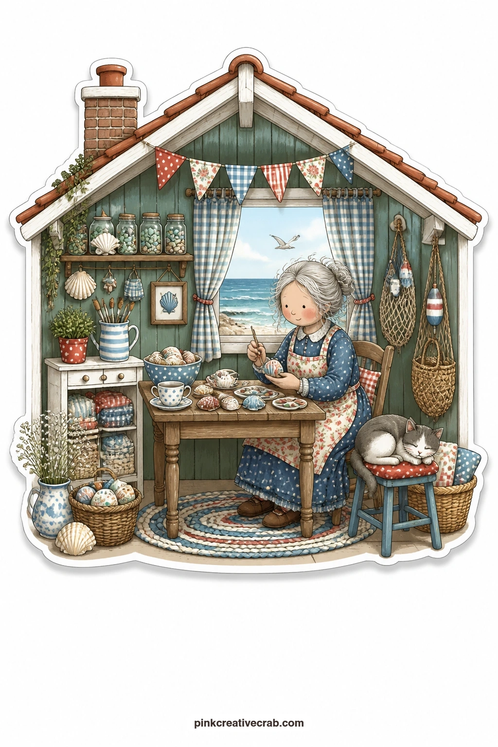 The Seaside Shell Table printable page — Waves roll behind a cut-away seaside cottage where an elderly woman sits painting shells at her table, brush in hand