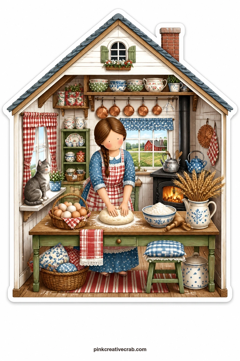 The Farmhouse Bread Kitchen printable page — Fields and a red barn fill the window behind a farmhouse kitchen where a young woman kneads bread dough while a