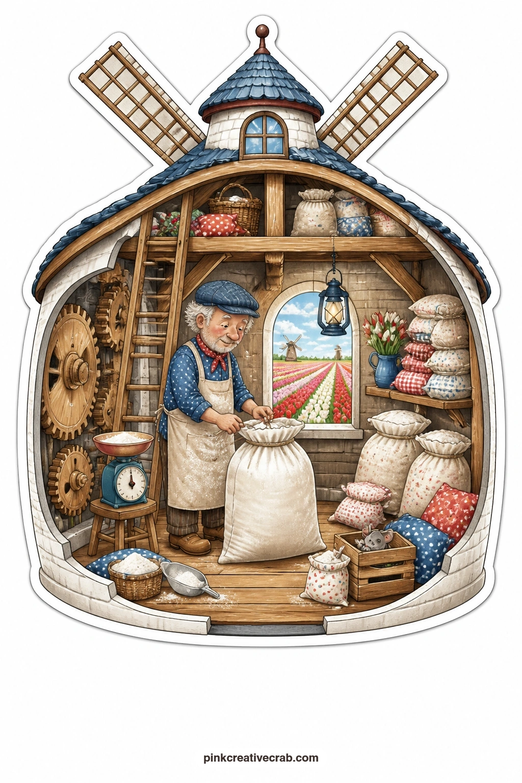 The Windmill Flour Room printable page — Tulip fields stretch out behind a windmill house where an elderly miller ties off sacks of flour between turns of the