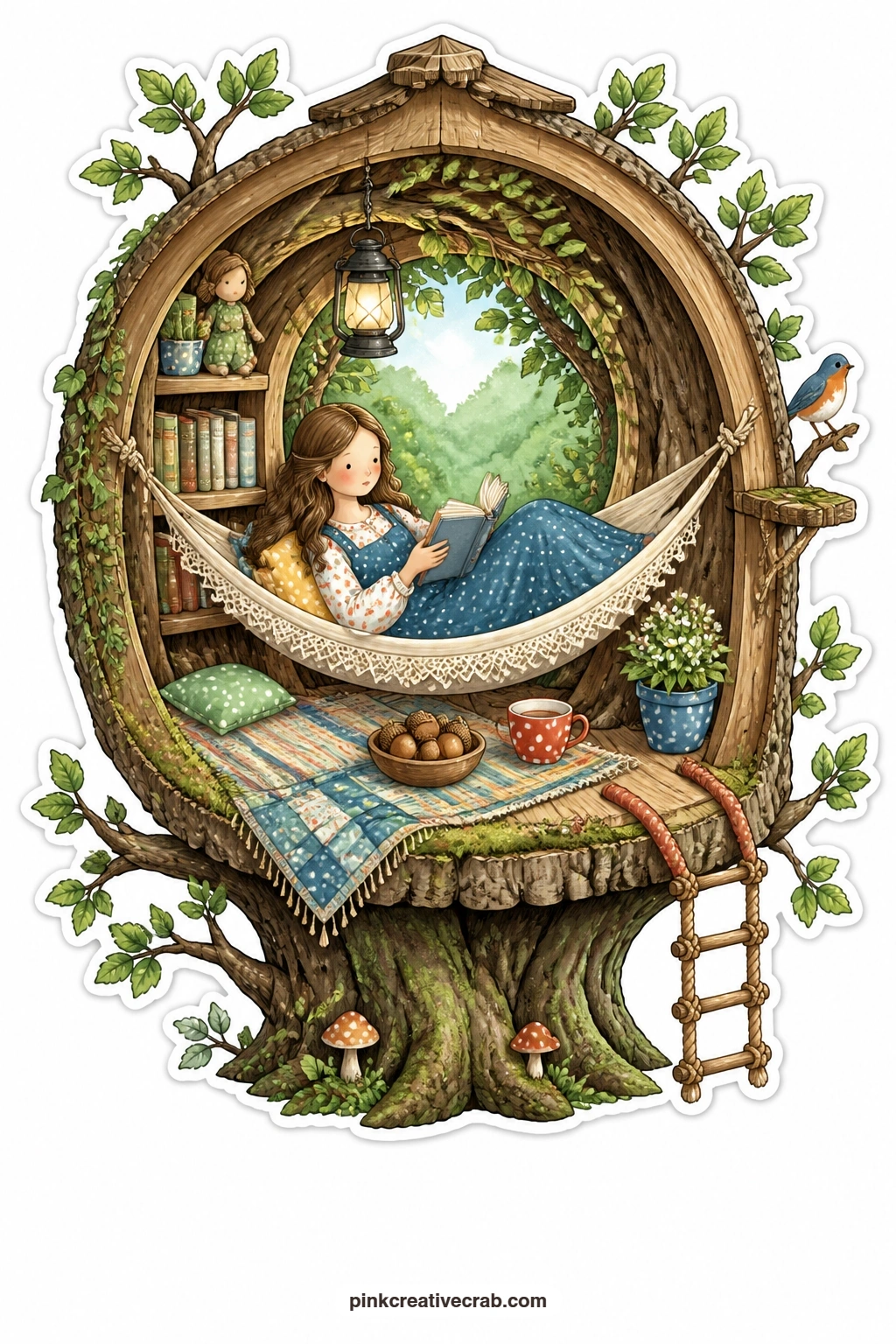The Treehouse Reading Nook printable page — Forest canopy fills the far window behind a treehouse where a young woman curls up reading in a hammock strung
