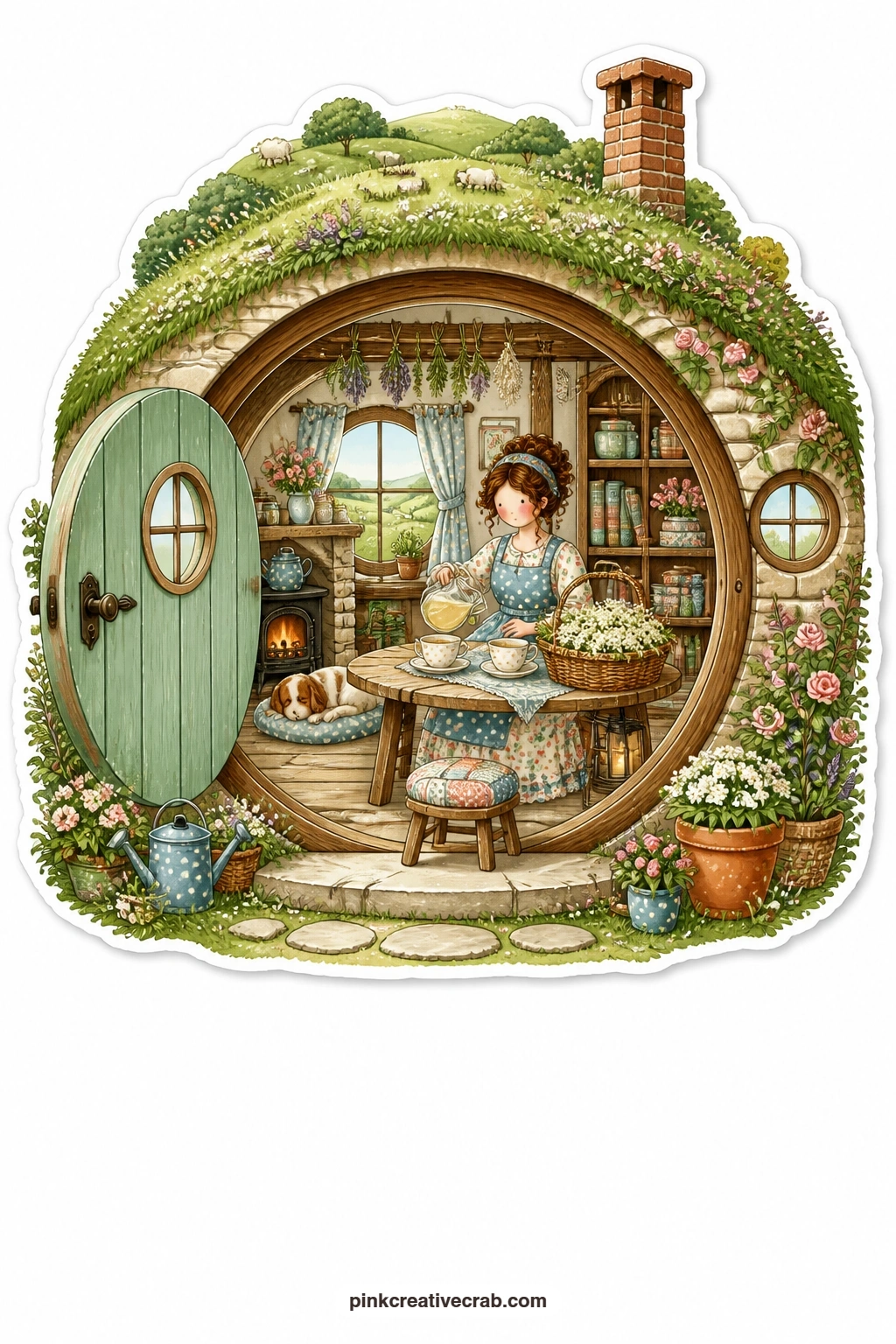 The Hillside Round Door Cottage printable page — Sheep graze the hills behind a hillside cottage with a round door, where a young woman pours chilled
