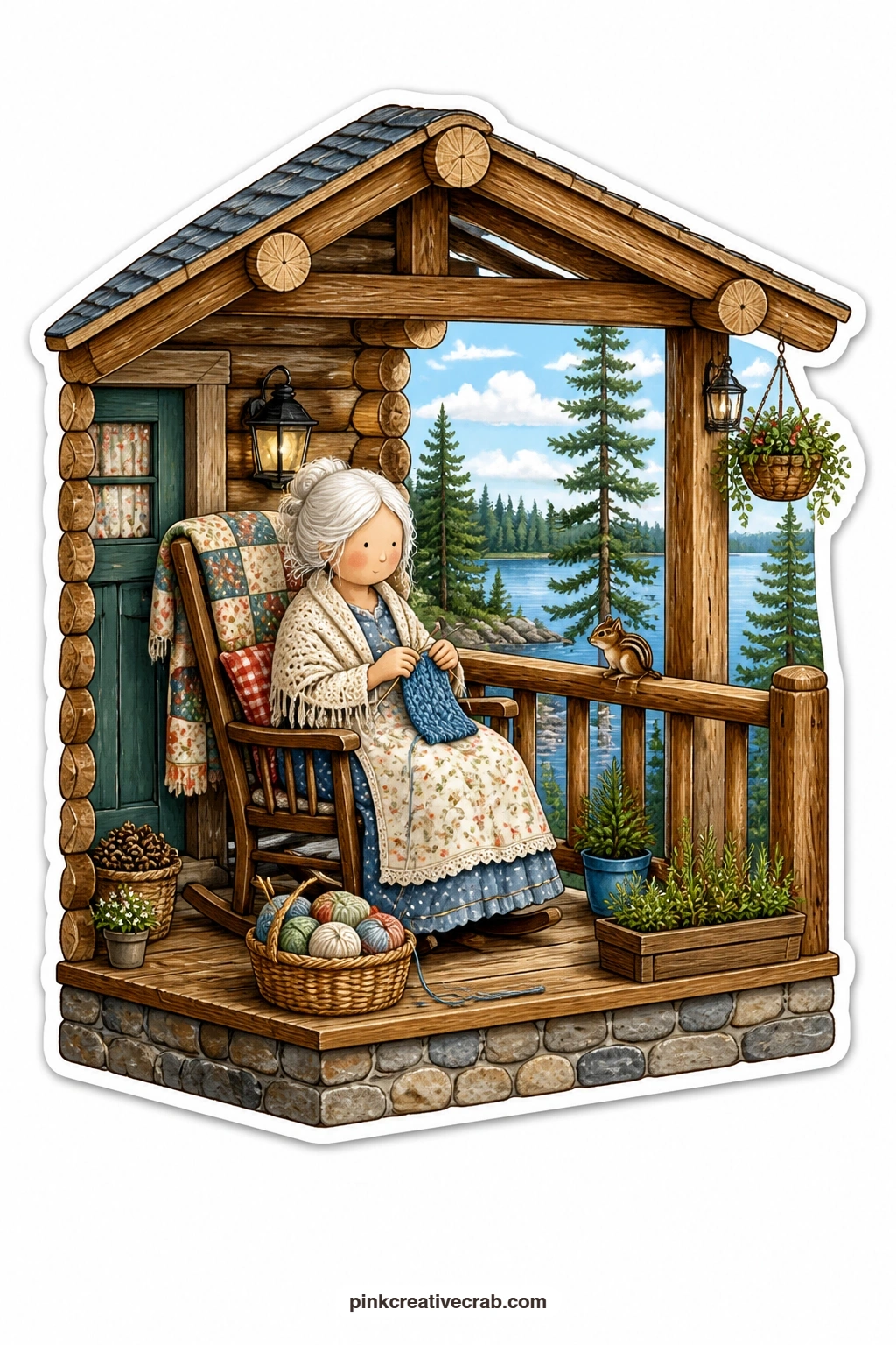 The Cabin Porch Rocker printable page — Lake water glints behind a pine cabin where an elderly woman knits steadily in a porch rocker, wool spilling from a