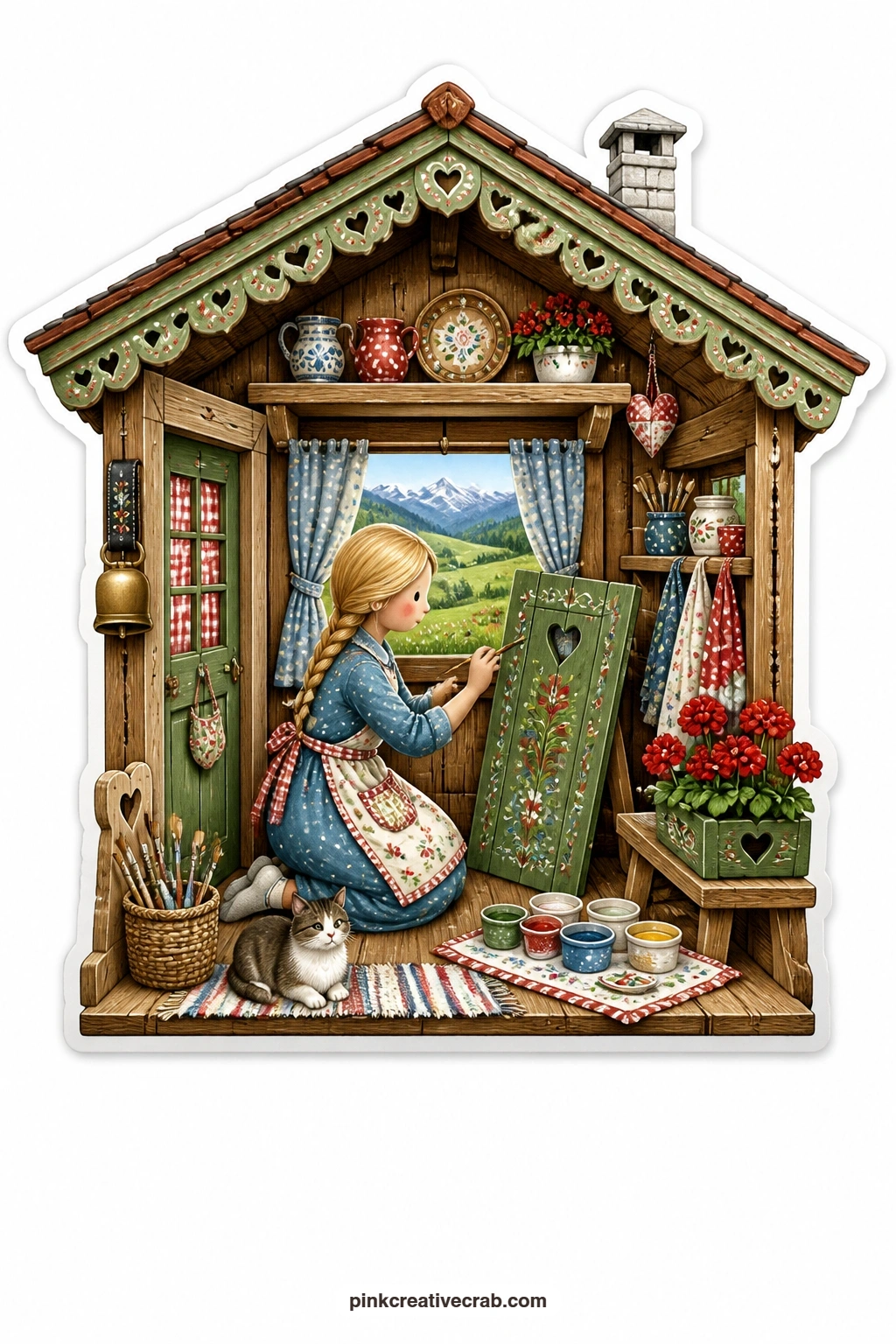 The Chalet Shutter Painter printable page — Alpine meadows spread behind a tiny chalet where a young woman carefully paints flowers along her wooden shutters