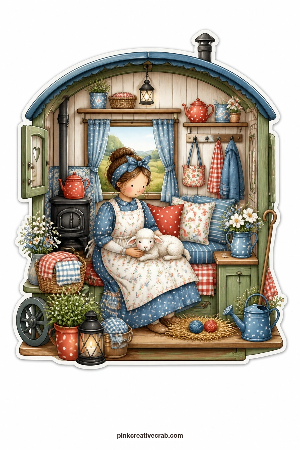 The Shepherd's Hut Lamb printable page — Spring hills roll behind a small shepherd's hut where an elderly woman bottle-feeds a lamb beside the warmth of a