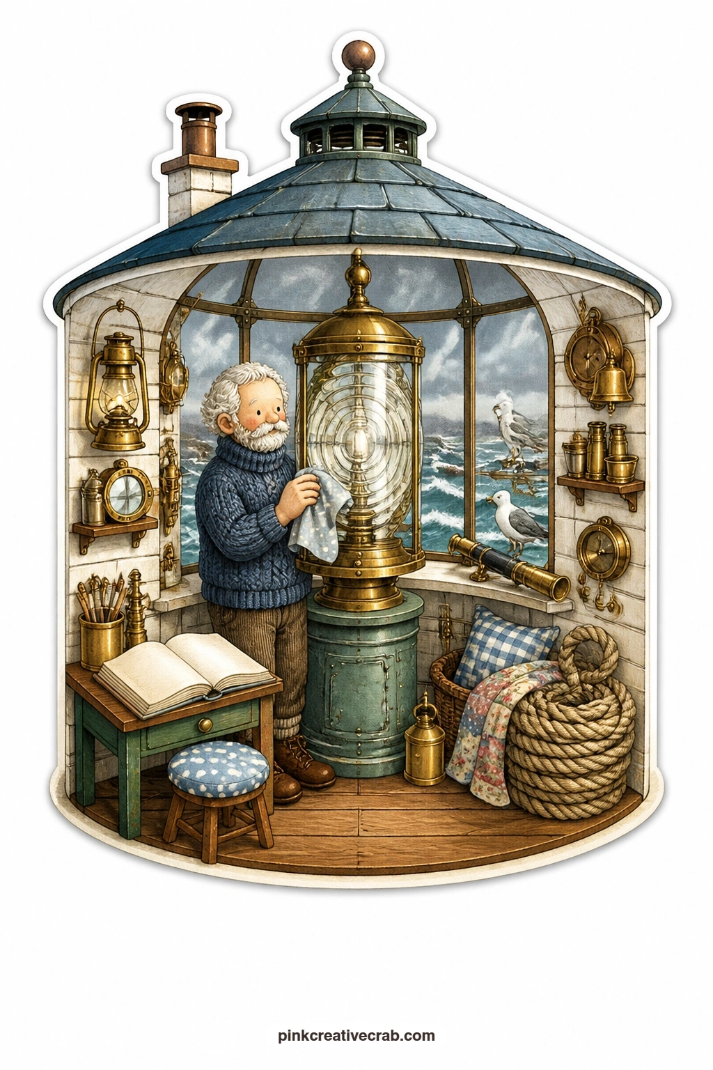 The Lighthouse Lamp Room printable page — Stormy sea churns behind a lighthouse cottage where an elderly keeper polishes the great lamp until it gleams against