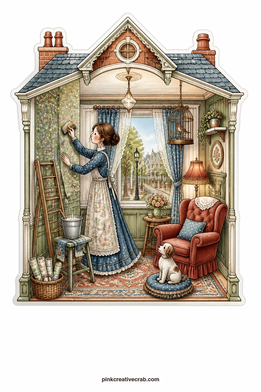 The Victorian Parlor Wallpaper printable page — Tree lined street fills the window behind a Victorian house where a young woman carefully smooths a fresh strip