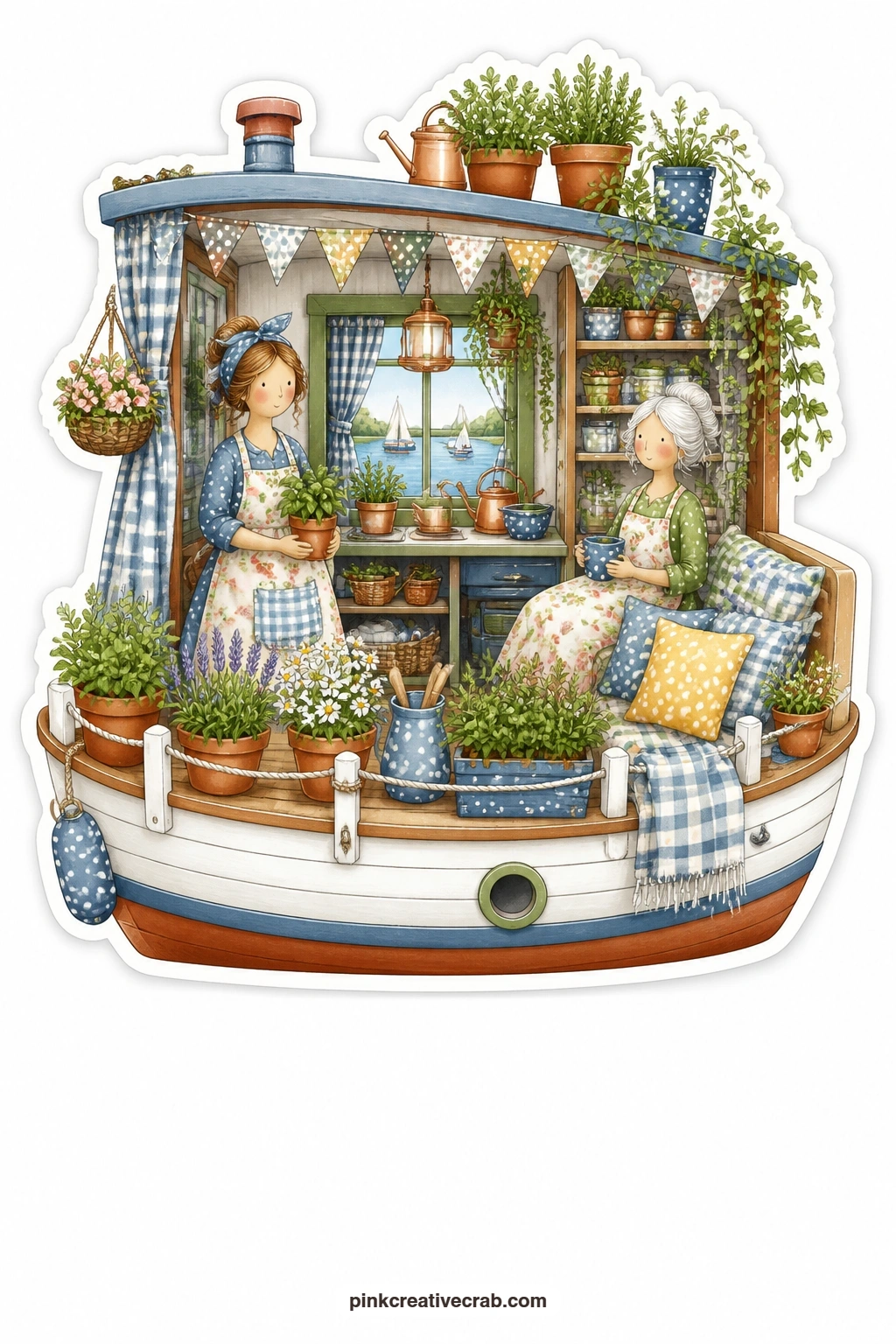 The Houseboat Herb Deck printable page — River reeds sway behind a houseboat where a young woman tends rows of herbs growing in pots along the open deck. House