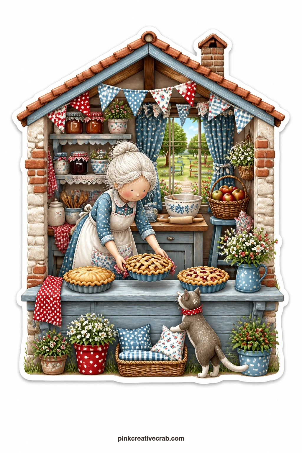 The Cottage Bakery Sill printable page — Village green stretches behind a cottage bakery where an elderly woman sets a row of fresh pies along the open