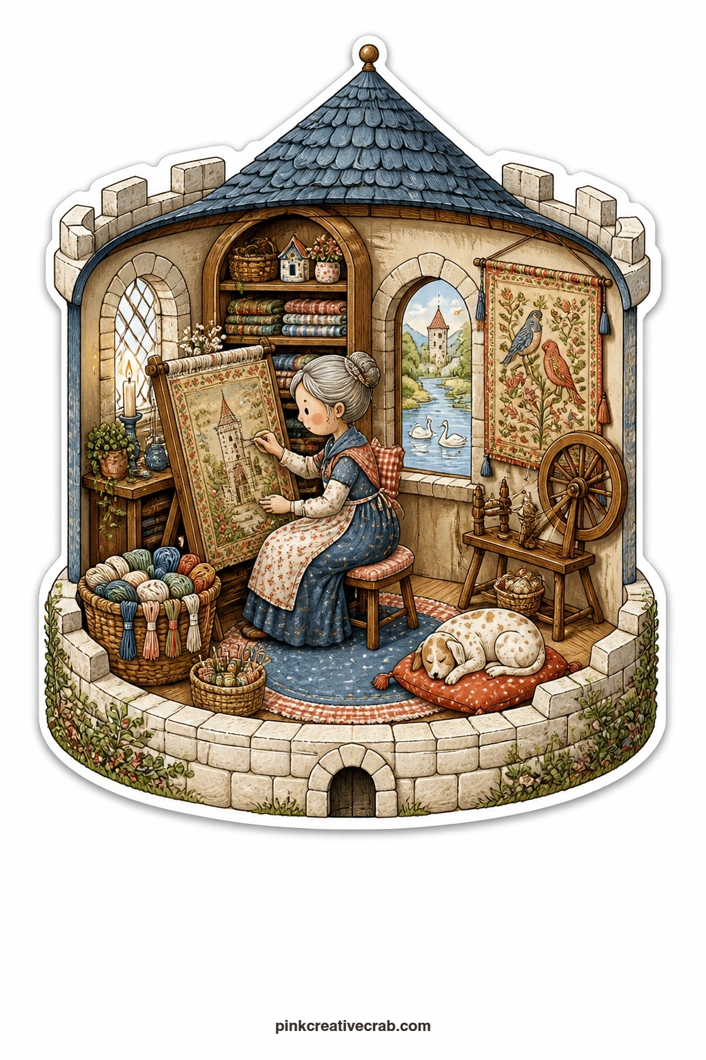 The Castle Tower Embroidery printable page — Moat and swans drift behind a round castle tower room where an elderly woman works steadily on a large embroidered