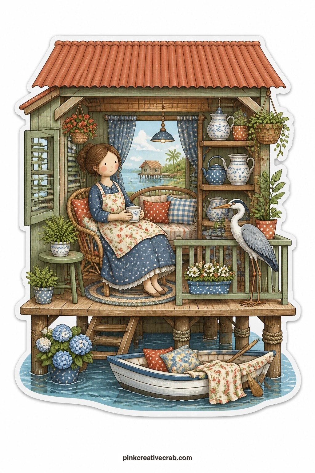 The Stilt House Heron Porch printable page — Marshes spread wide behind a stilt house where an elderly woman sits quietly on her porch, watching herons wade