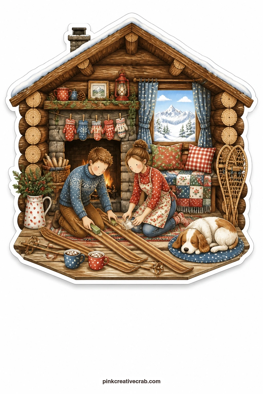 The Log Cabin Ski Waxing printable page — Snowy peaks rise behind a log cabin where a young couple kneel together waxing a pair of skis in the glow of the