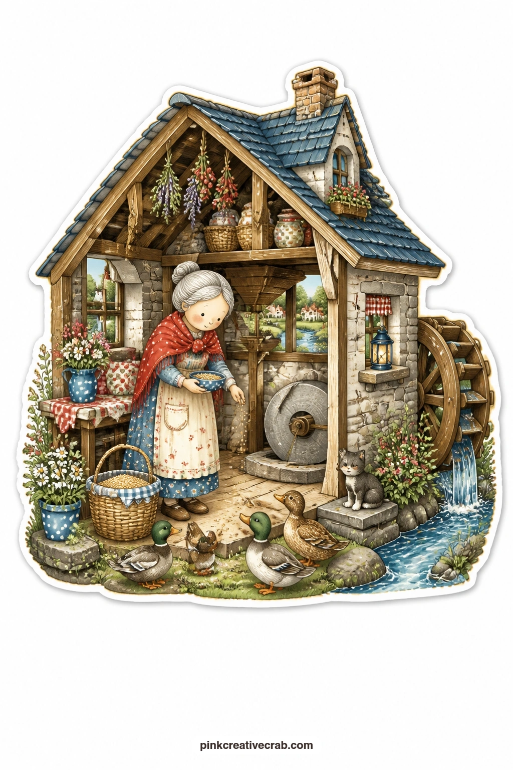 The Mill House Duck Feeder printable page — Water wheel turns behind a small mill house where an elderly woman scatters feed for a row of ducks gathered just
