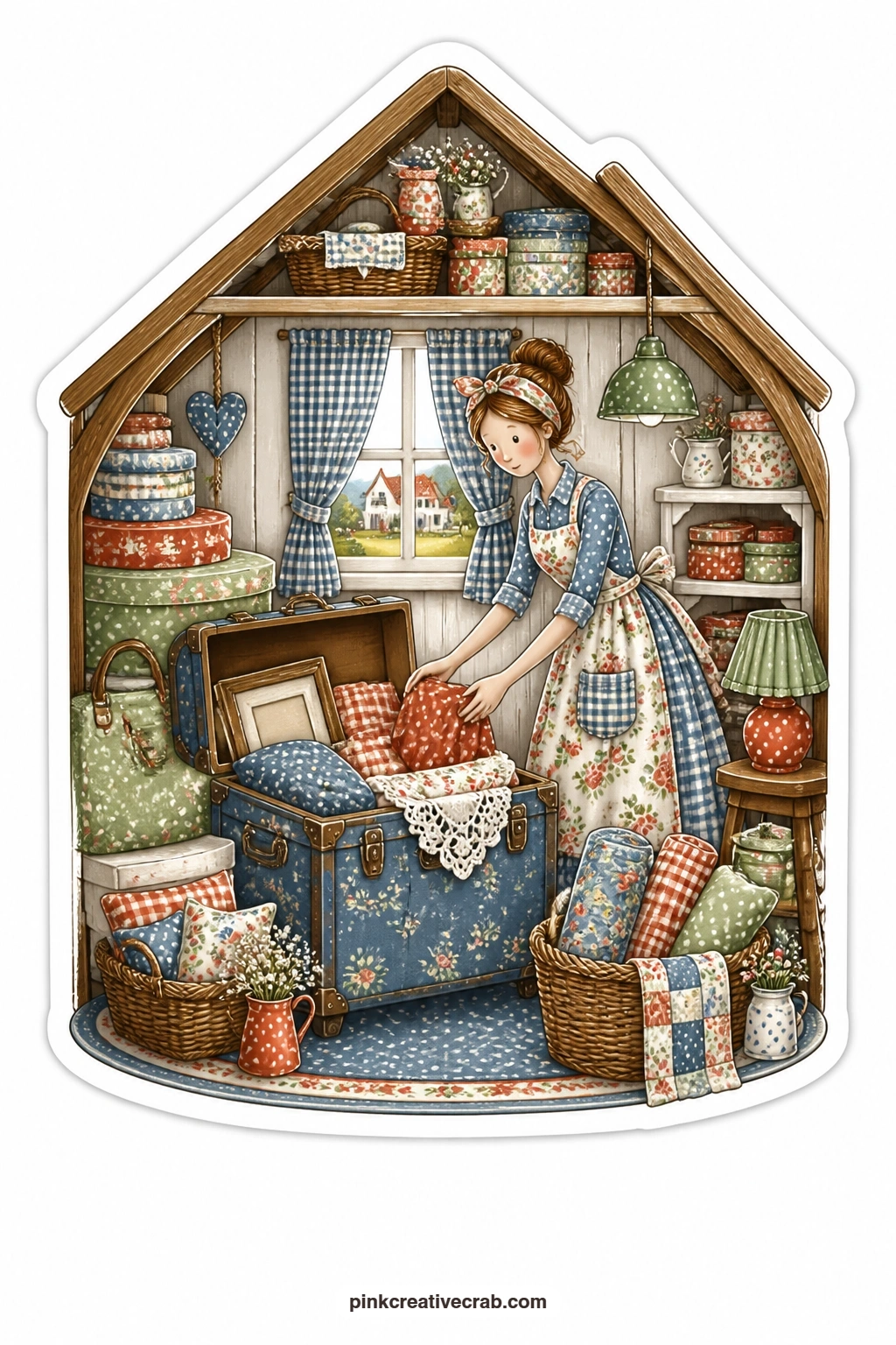 The Attic Trunk Sorter printable page — Garden of cedars fills the window behind a tall house attic where a young woman sorts through trunks of old dresses
