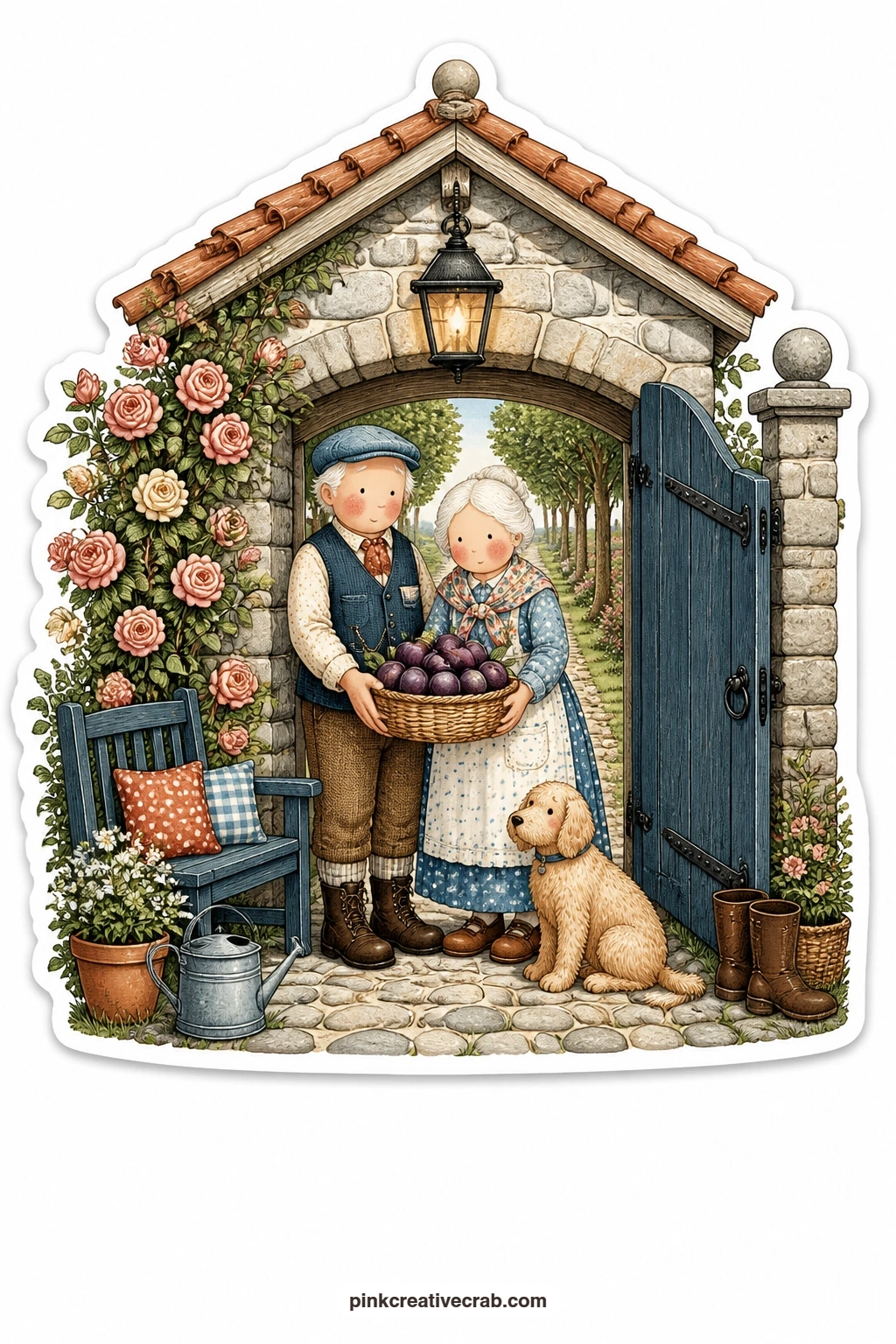 The Gatehouse Plum Basket printable page — Avenue of trees stretches behind a small gatehouse where an elderly couple stand together holding out a basket of