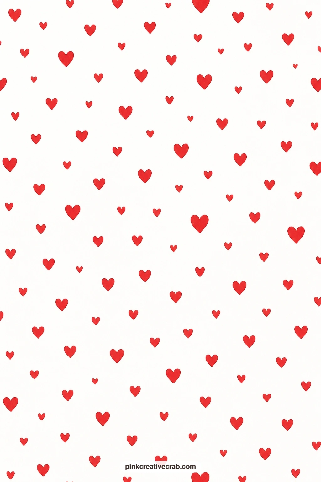 Mixed Hearts Toss Paper printable page — Red hearts of every size scatter across white, a strong base layer for a Valentine card front or the opening page of a