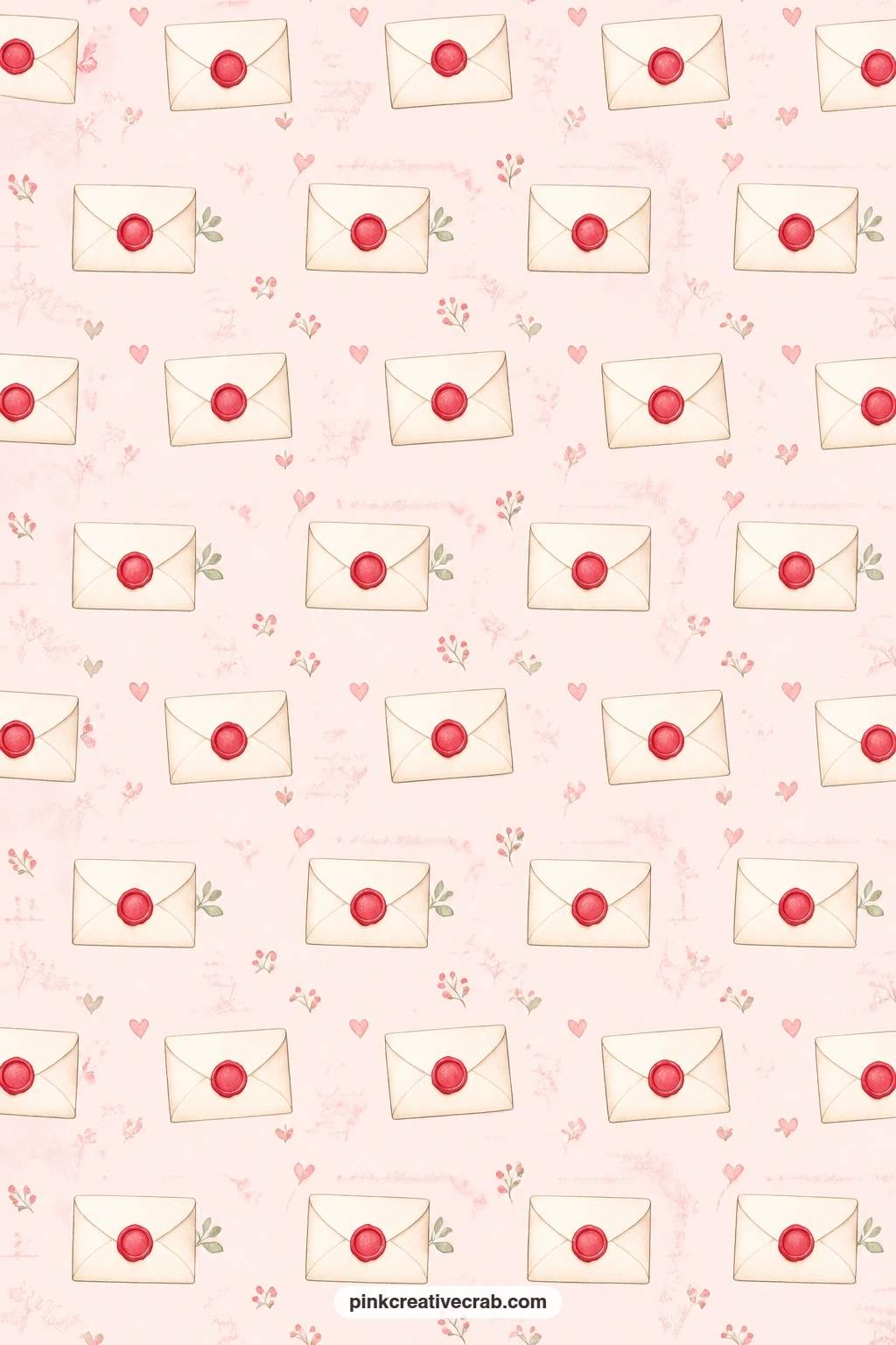 Wax Seal Letters Paper printable page — Love letters with red wax seals repeat across pale pink, a fitting cover for a love journal or the lining of an