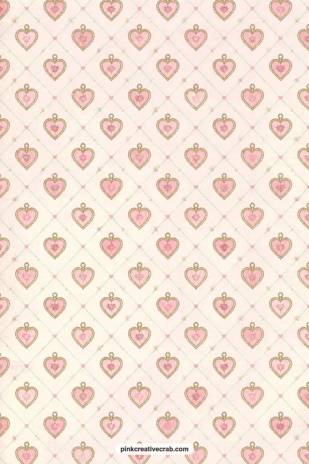 Heart Locket Lattice Paper printable page — Heart shaped lockets sit inside a fine lattice on pale pink, a quiet mat behind a locket charm or a pressed flower