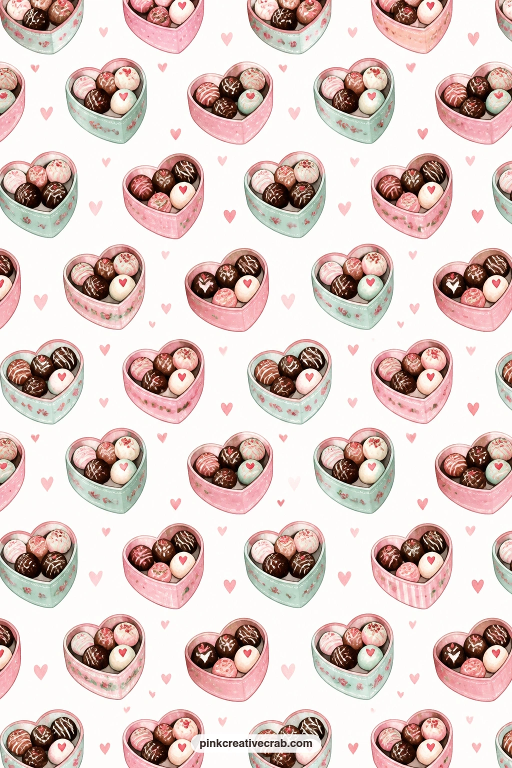 Chocolate Box Paper printable page — Chocolates in heart shaped boxes repeat across white, a cheerful gift wrap for a small Valentine present or a card topper