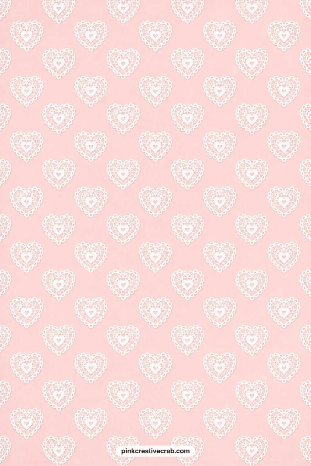 Lace Hearts Paper printable page — White lace hearts sit on pale pink, a delicate base for a card mat behind a doily or a vintage photo corner. Love scrapbook