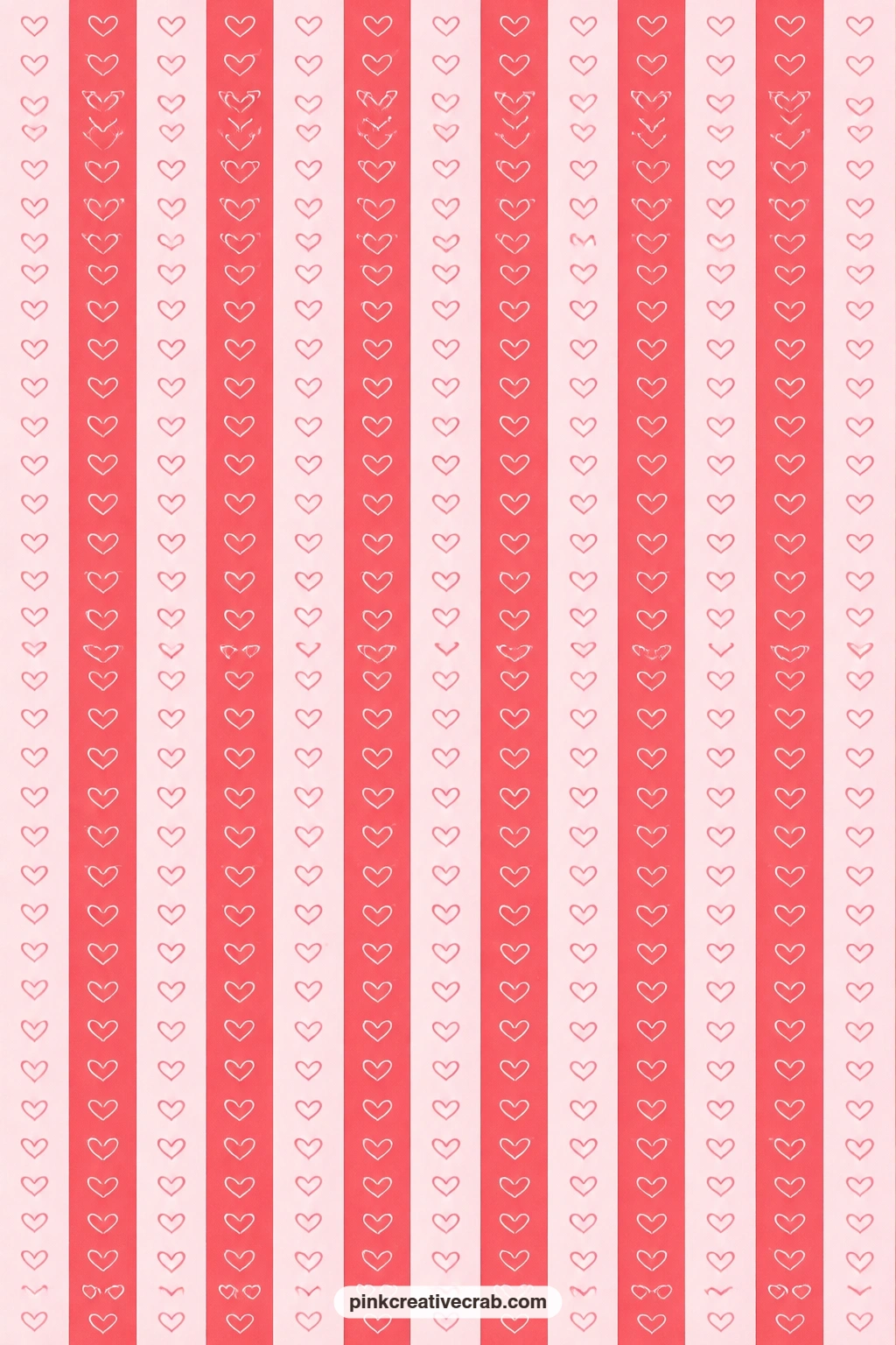 Pink Heart Stripes Paper printable page — Pink and red hearts line up in stripes, a strong gift wrap choice for a bottle or a long narrow box. Love scrapbook