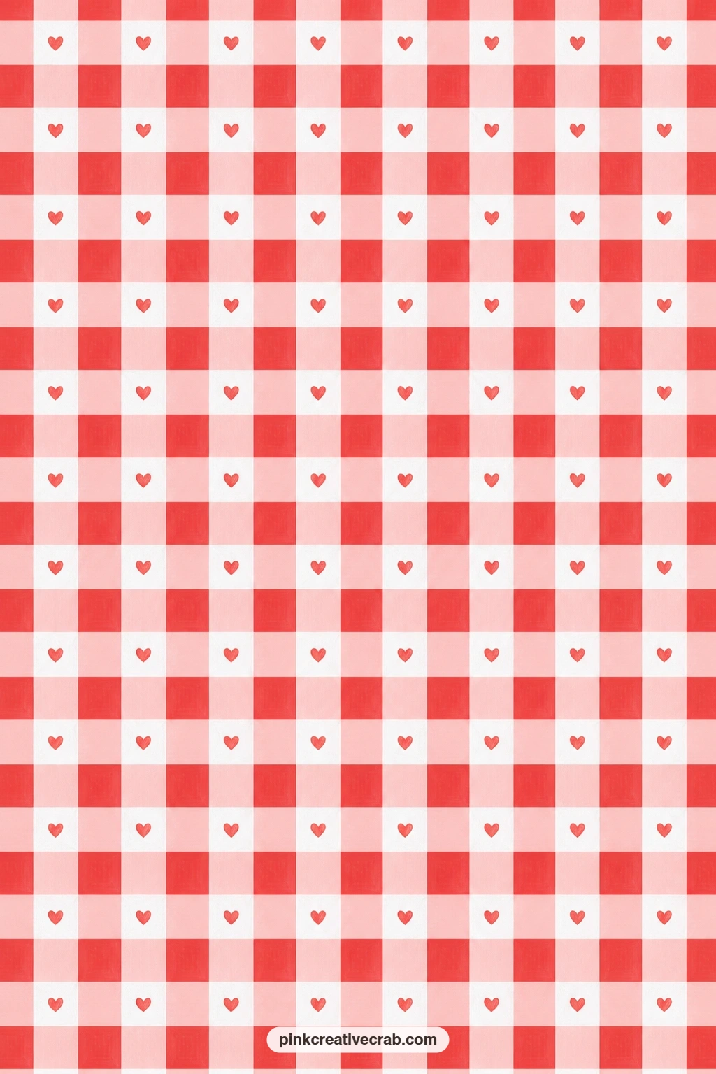 Heart Gingham Paper printable page — Red gingham carries tiny hearts at each crossing point, a cosy base for a card mat or the lining of a small gift bag. Love