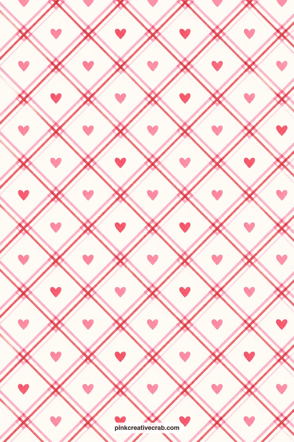 Diagonal Heart Plaid Paper printable page — Hearts sit inside a diagonal plaid of pink and red, a confident cover for a love journal or a folio of anniversary