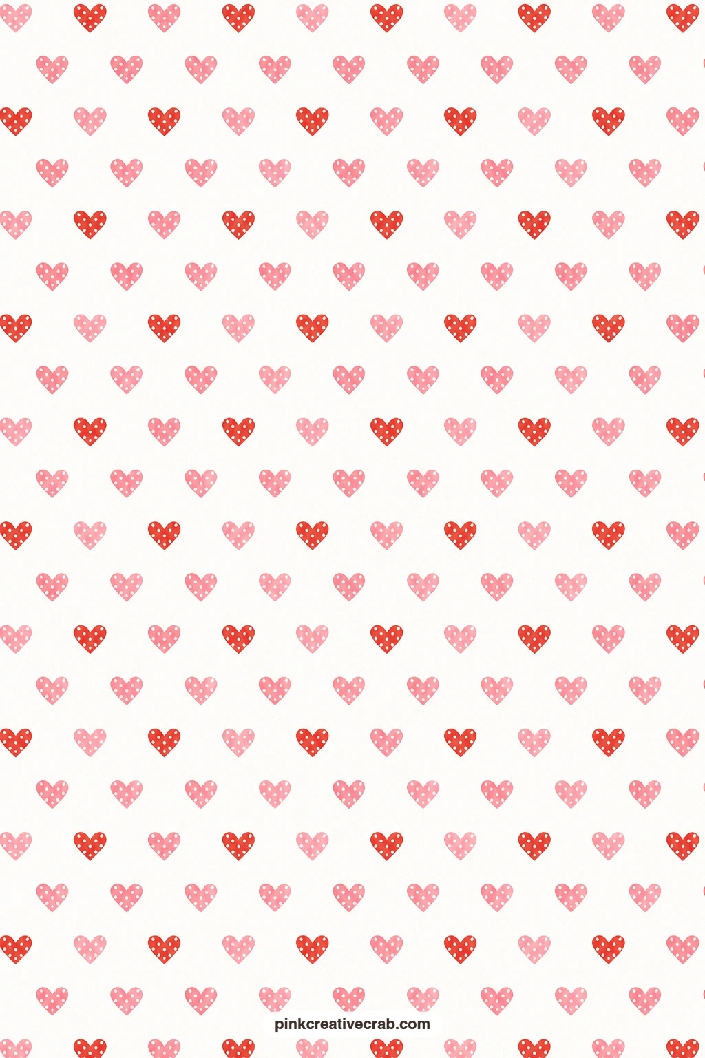 Pink Polka Dot Hearts Paper printable page — Red and pink polka dots alternate across white, a flexible mat to sit behind a cut out sticker or a small photo.