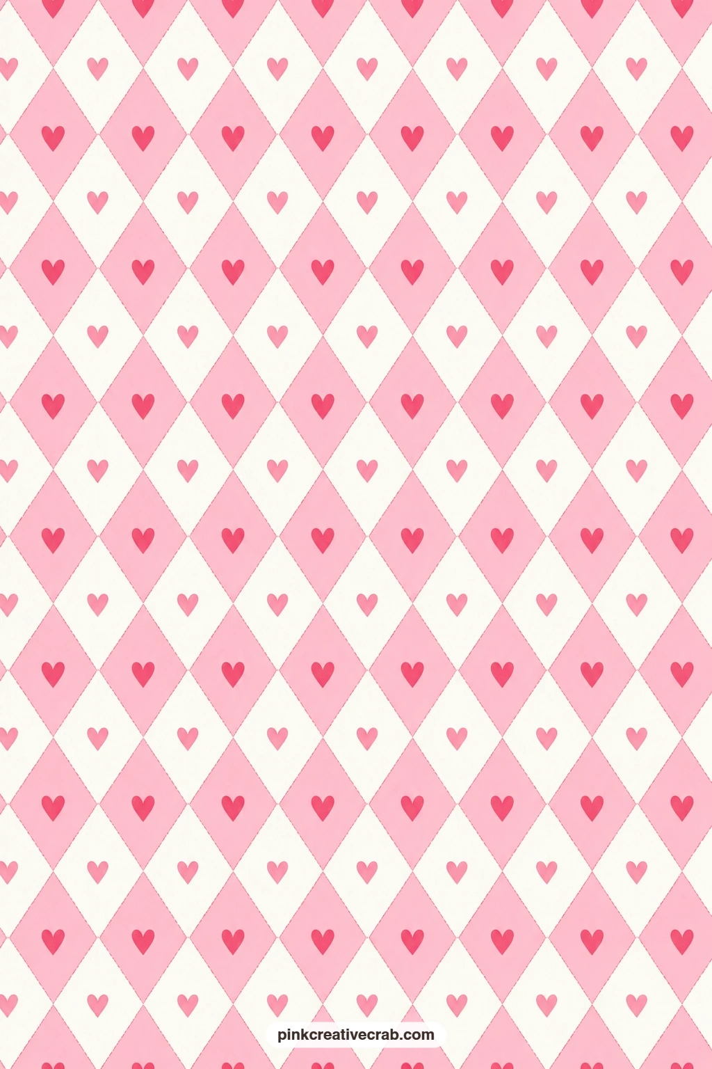 Heart Harlequin Paper printable page — A heart harlequin in pink and white repeats in sharp diamonds, a lively pocket lining for a card making kit or a treat