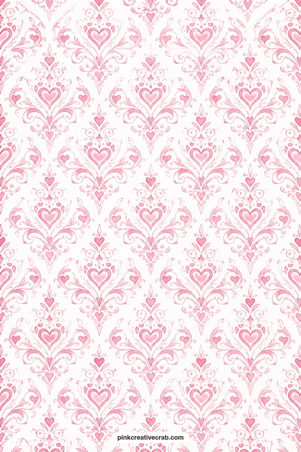 Pink Heart Damask Paper printable page — A pink heart damask spreads across white, an elegant cover for a love journal or a formal anniversary card mat. Love