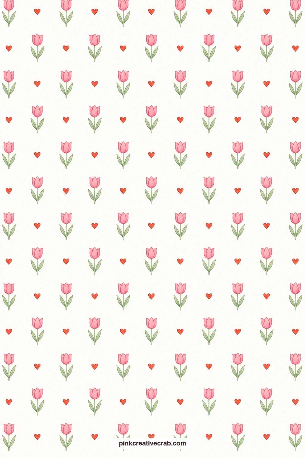 Pink Tulips and Hearts Paper printable page — Pink tulips and small hearts repeat across white, pairing well with the roses and hearts paper for a layered
