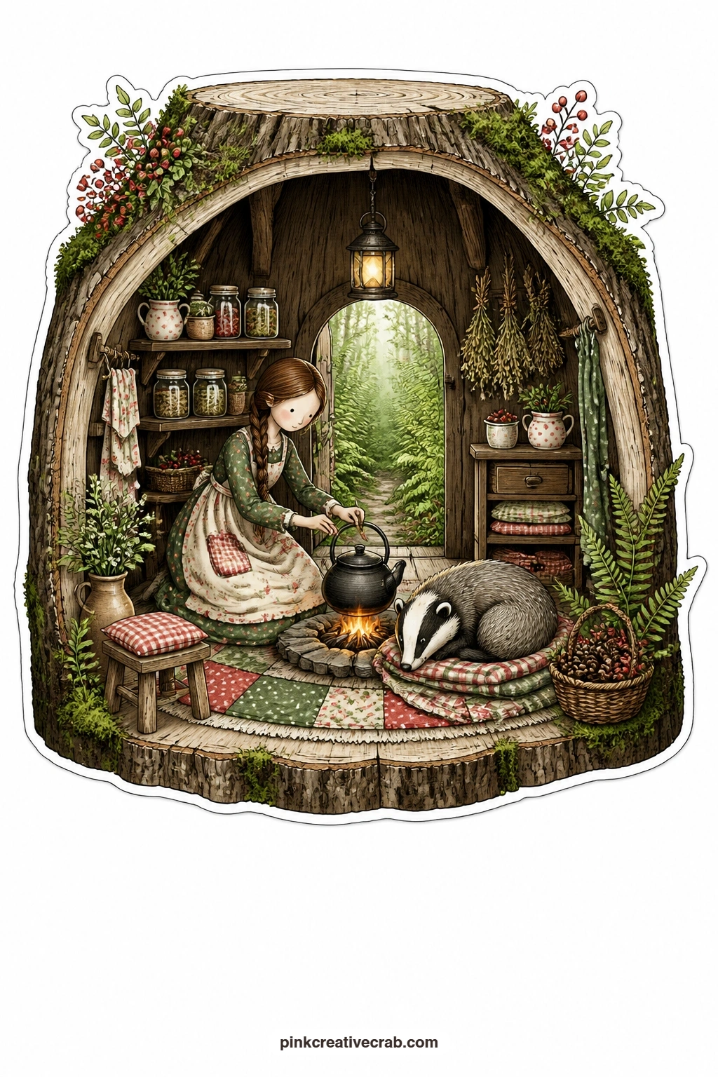 The Stump Cottage Tea Fire printable page — Steam rises from a little kettle over a fire built right into the hollow of an old stump, where a young woman in an