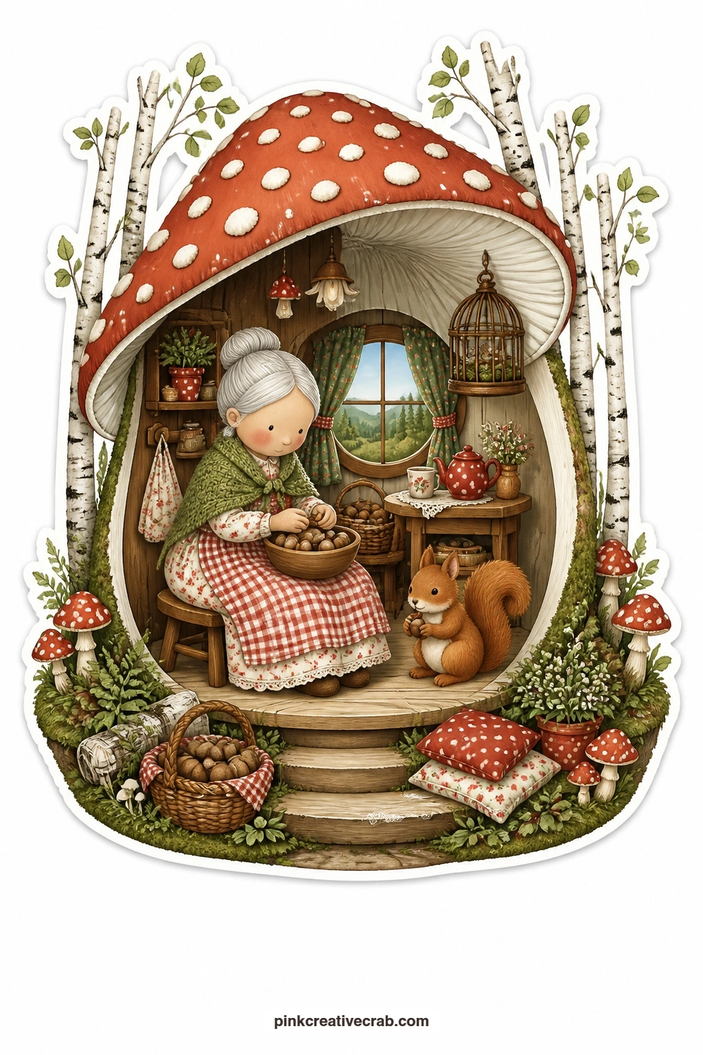 The Mushroom Cap Porch printable page — An elderly woman in a shawl sits shelling hazelnuts on the wide curved porch of a giant mushroom cap, a squirrel