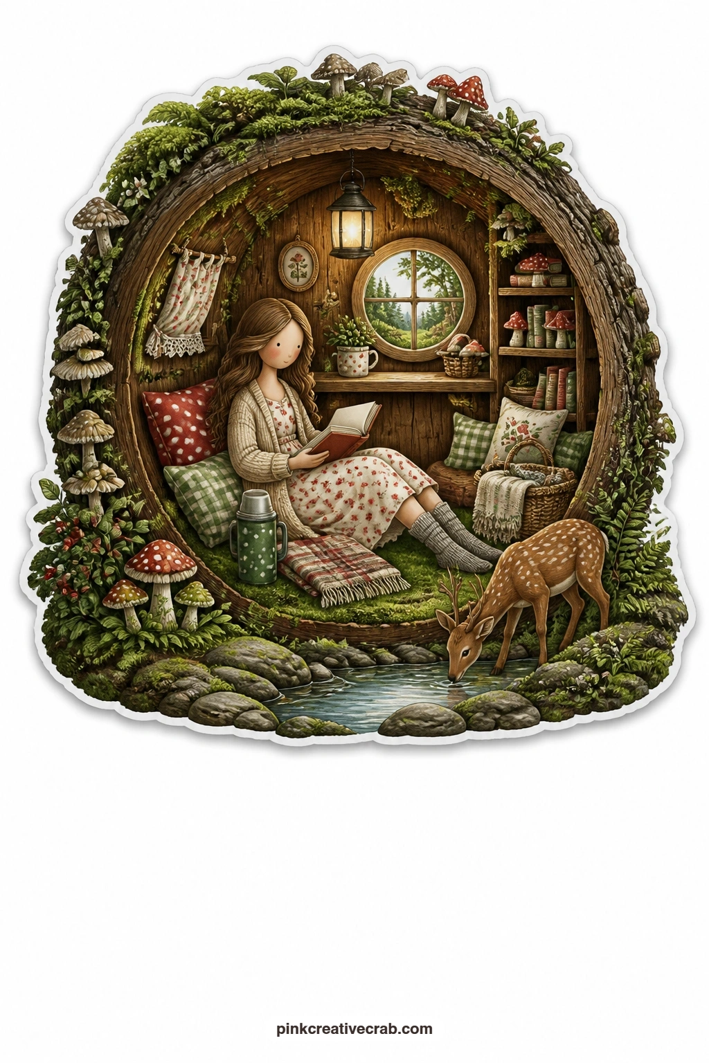 The Log Tunnel Reading Room printable page — Curled inside a fallen log, a young woman reads by lantern light while a deer pauses to drink at a nearby stream