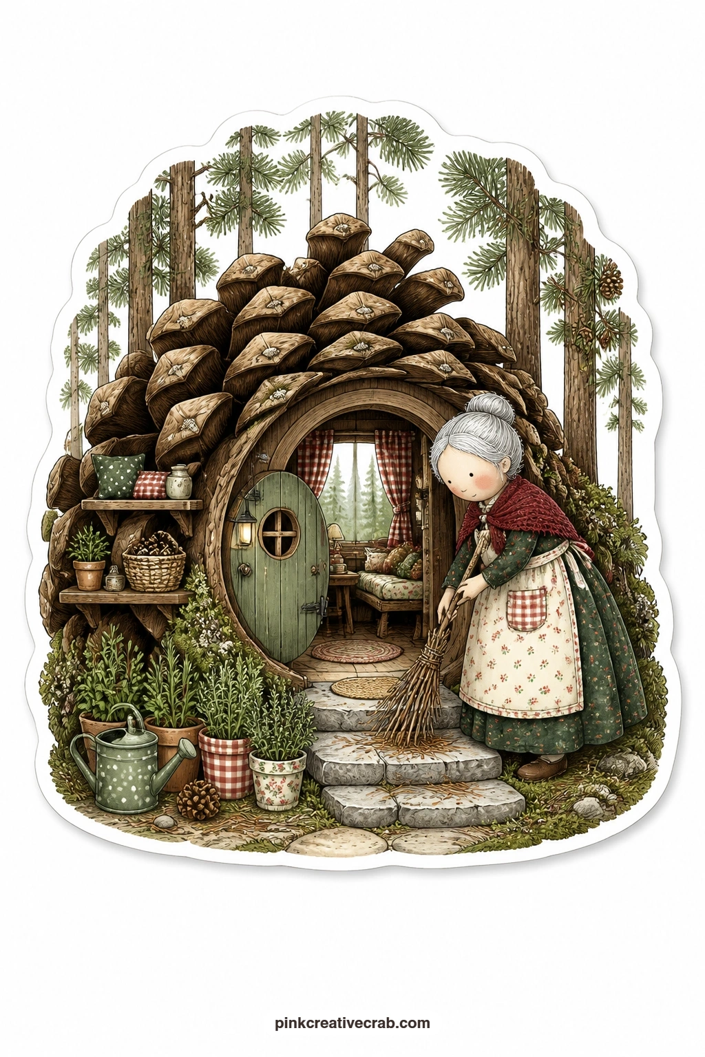 The Pinecone Cottage Step printable page — Sweeping fallen needles from her doorstep with a small twig broom, an elderly woman tends her pinecone cottage while