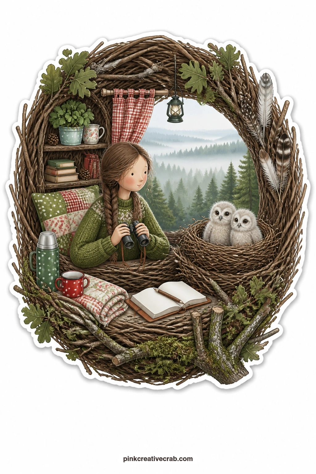The Treetop Nest Room printable page — High in the branches, a young woman curls inside a nest-shaped room watching owlets through a small pair of binoculars