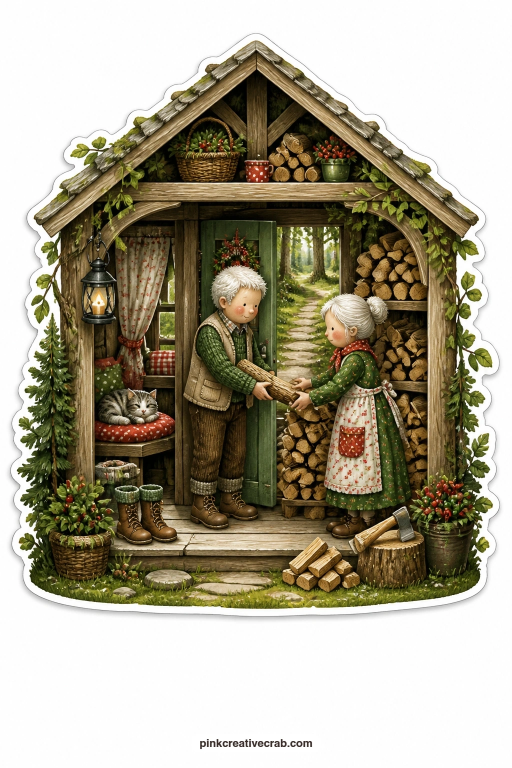 The Firewood Hut Doorway printable page — An elderly couple stack split firewood by the door of their small forest hut while a worn woodland path winds away
