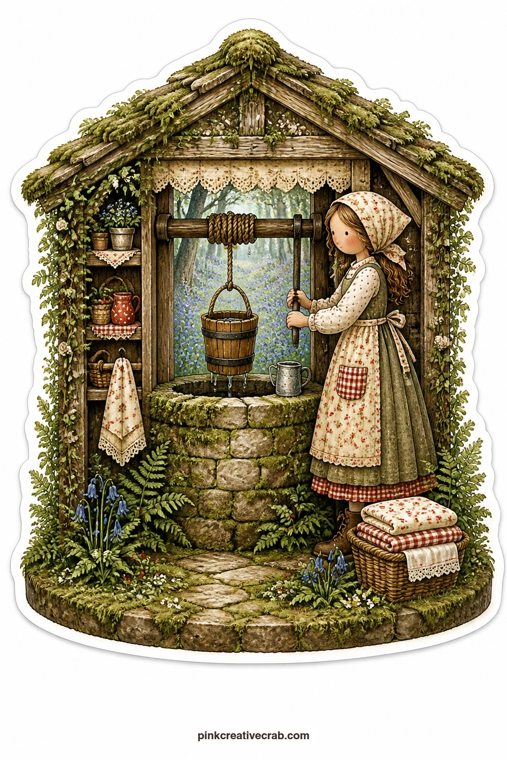 The Mossy Stone Well printable page — Drawing water up in a wooden bucket from a mossy stone well, a young woman pauses in the soft light while bluebell woods