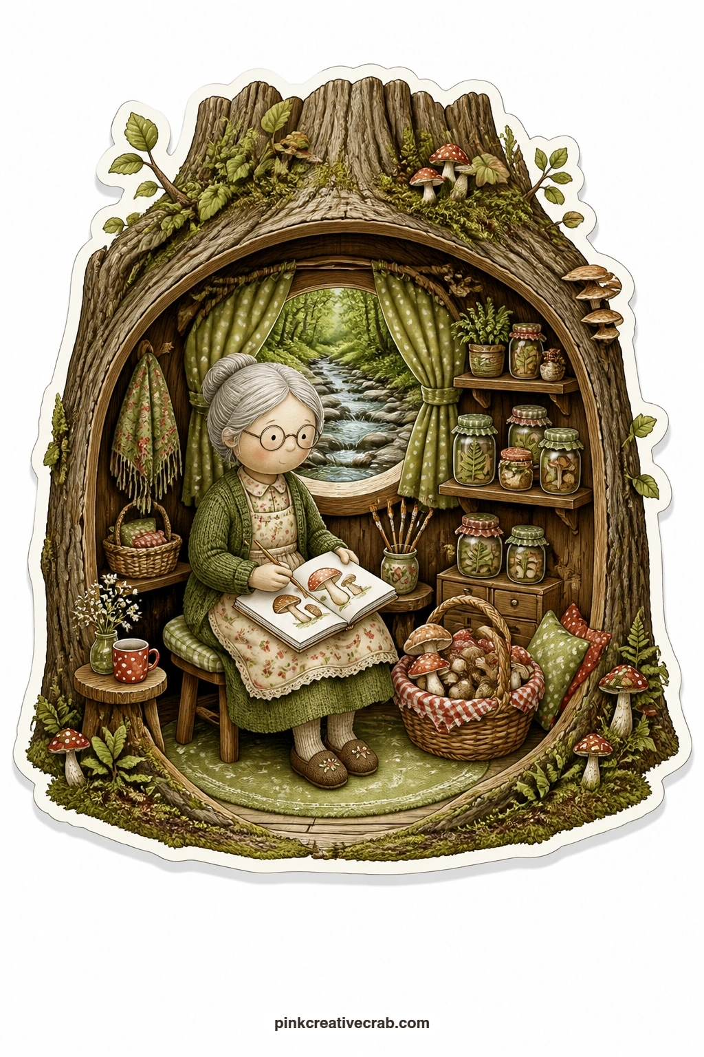 The Beech Hollow Sketchbook printable page — Settled inside a beech tree hollow, an elderly woman paints toadstools in her sketchbook while a babbling brook