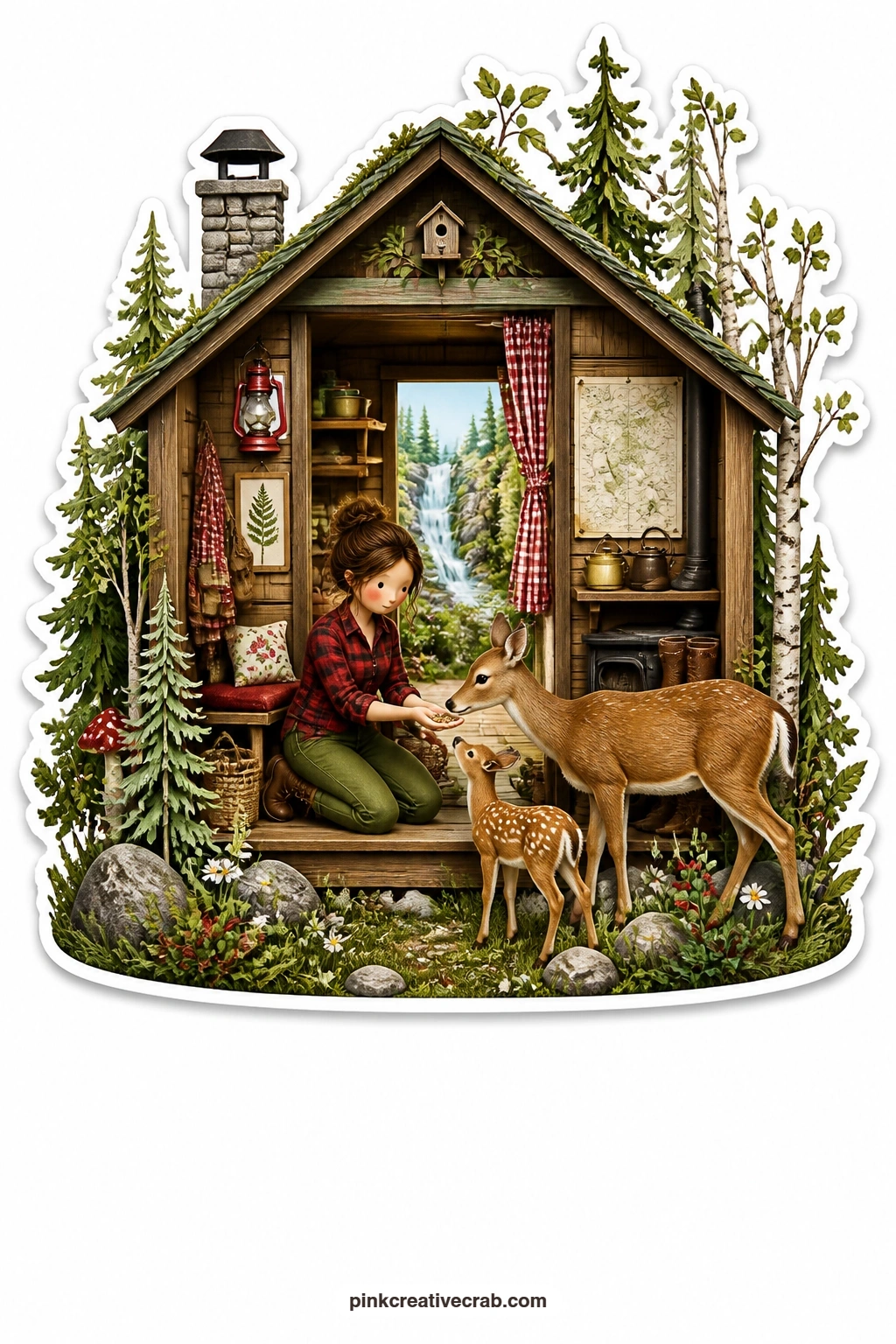 The Ranger Cabin Doe printable page — Feeding a doe and her fawn at the open door of a small ranger cabin, a young woman kneels with a handful of feed while a