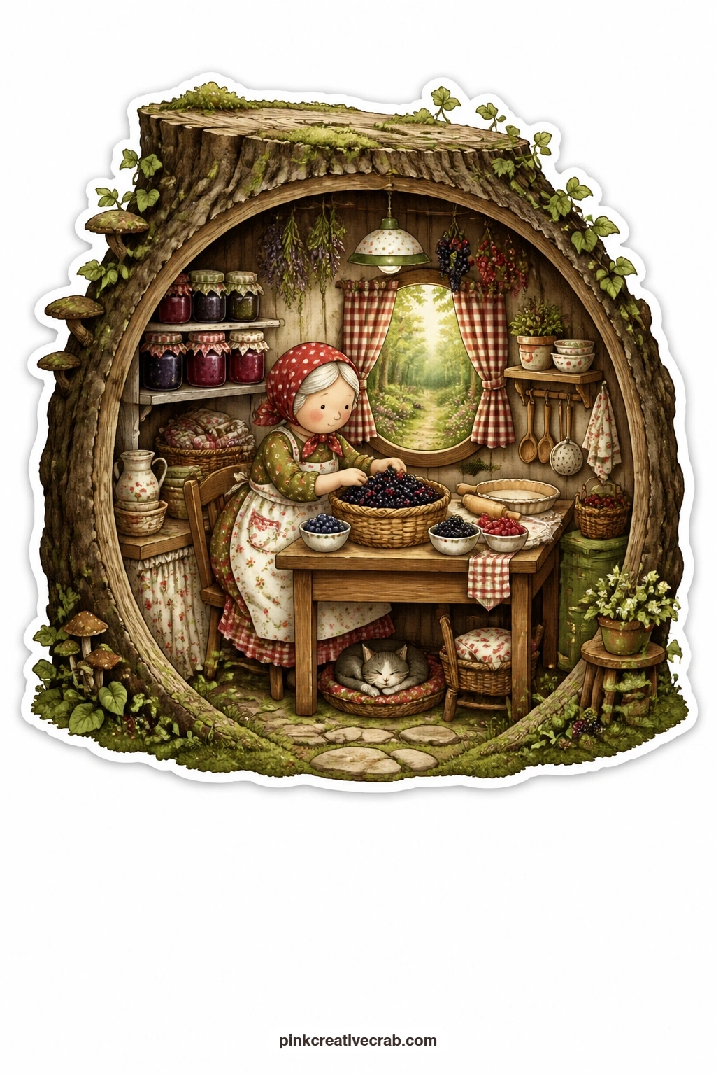 The Berry Basket Sorting Room printable page — Sorting blackberries and bilberries into wooden bowls, an elderly woman works at a little table while a wide