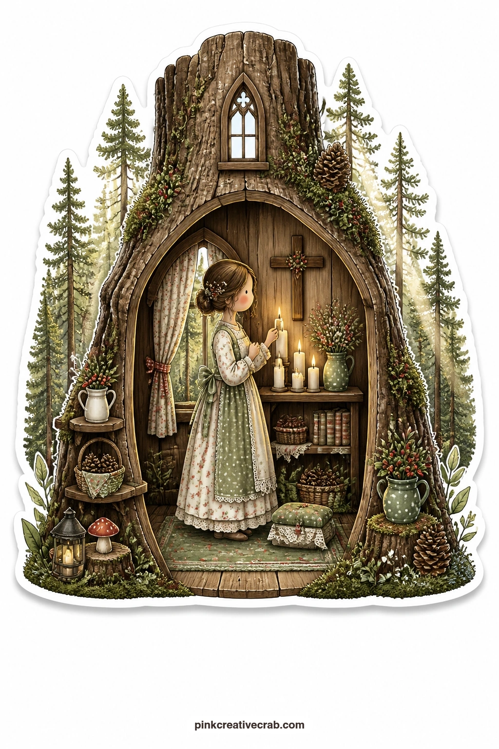 The Woodland Chapel Candles printable page — Lighting candles inside a tiny chapel carved from a tree trunk, a young woman stands in quiet prayer while