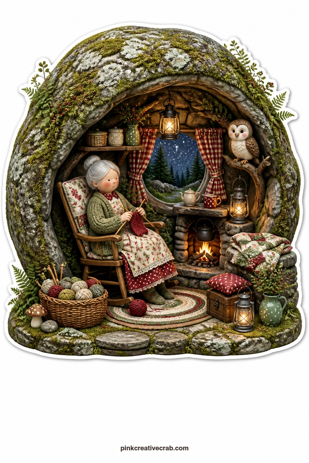 The Boulder Cottage Hearth printable page — Knitting beside a tiny hearth with an owl perched close by, an elderly woman settles into her moss-covered boulder