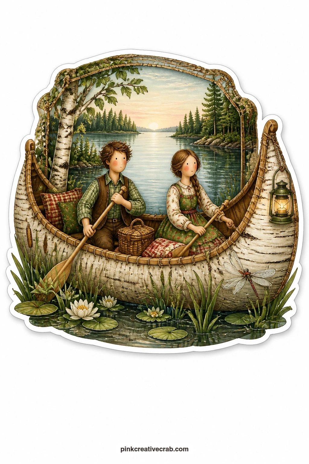 The Birch Bark Canoe printable page — Paddling a birch bark canoe among tall reeds, a young couple glide quietly together while the lake catches the soft